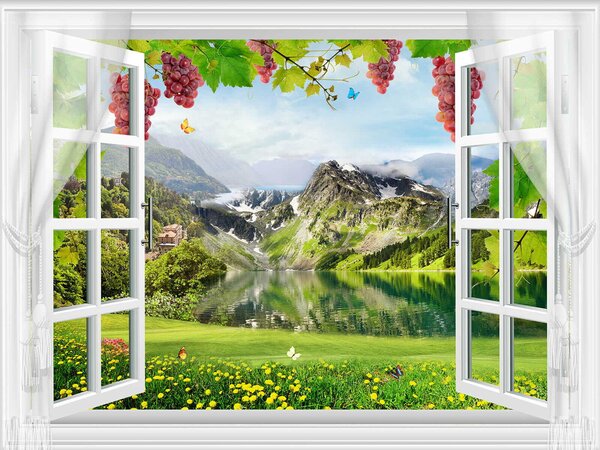Fototapeta Okno s výhledem na jezero a hory, Fototapety s okny, Populární fototapety, u59842 - Tapeko.co.cz