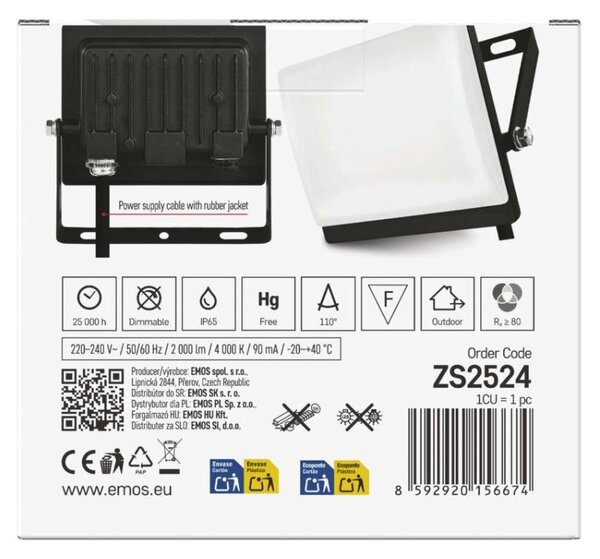EMOS Lighting LED reflektor TAMBO EVO, 20 W, 2000 lm, IP65, černý