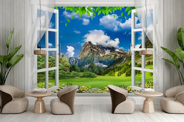 Fototapeta Okno s výhledem na pohoří a stromy, Fototapety s okny, Populární fototapety, u59843 - Tapeko.co.cz