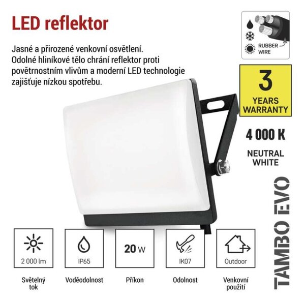 EMOS Lighting LED reflektor TAMBO EVO, 20 W, 2000 lm, IP65, černý