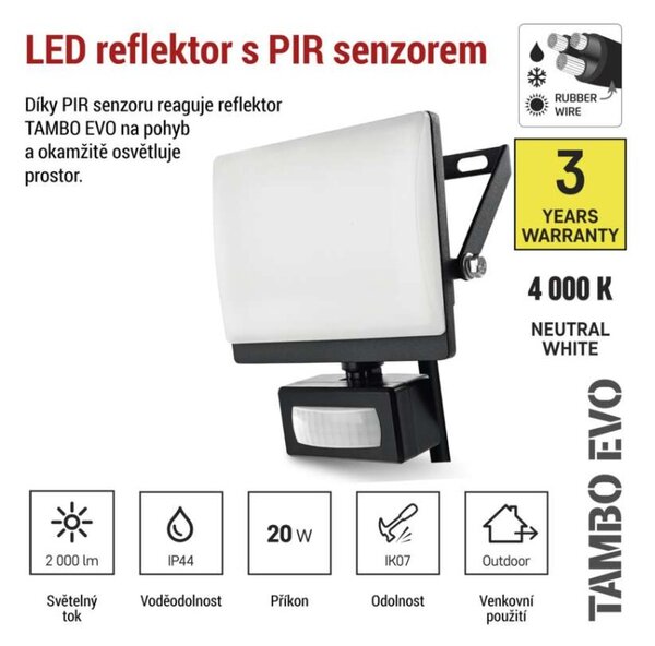 EMOS Lighting LED reflektor TAMBO EVO se senzorem pohybu, 20 W, 2000 lm, IP44, černý