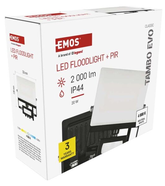 EMOS Lighting LED reflektor TAMBO EVO se senzorem pohybu, 20 W, 2000 lm, IP44, černý