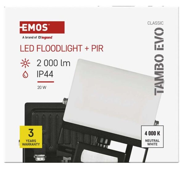 EMOS Lighting LED reflektor TAMBO EVO se senzorem pohybu, 20 W, 2000 lm, IP44, černý