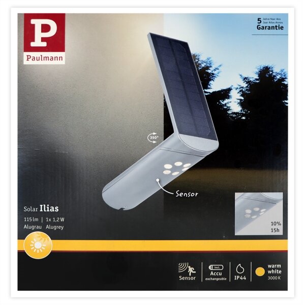 Paulmann 94261 - LED/1,2W IP44 Solární nástěnné svítidlo se senzorem ILIAS 3,7V