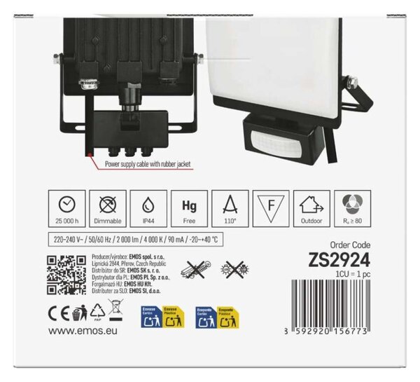 EMOS Lighting LED reflektor TAMBO EVO se senzorem pohybu, 20 W, 2000 lm, IP44, černý