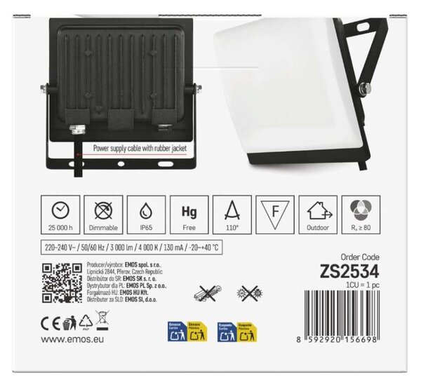 EMOS Lighting LED reflektor TAMBO EVO, 30 W, 3000 lm, IP65, černý