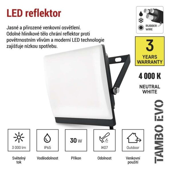 EMOS Lighting LED reflektor TAMBO EVO, 30 W, 3000 lm, IP65, černý