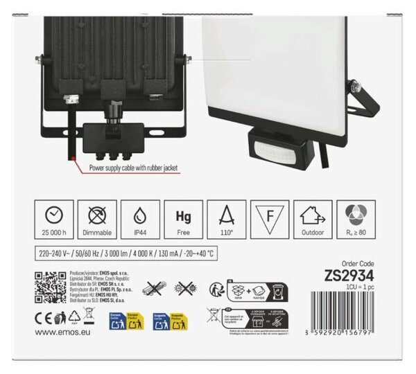 EMOS Lighting LED reflektor TAMBO EVO se senzorem pohybu, 30 W, 3000 lm, IP44, černý