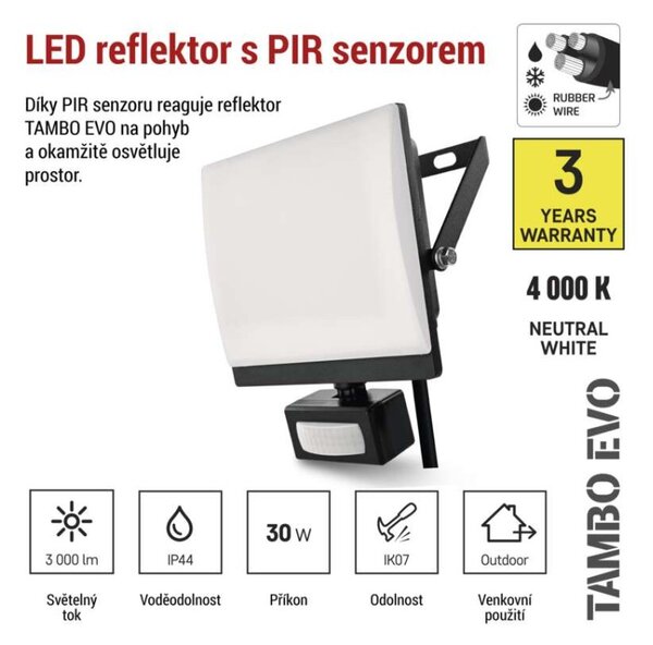 EMOS Lighting LED reflektor TAMBO EVO se senzorem pohybu, 30 W, 3000 lm, IP44, černý