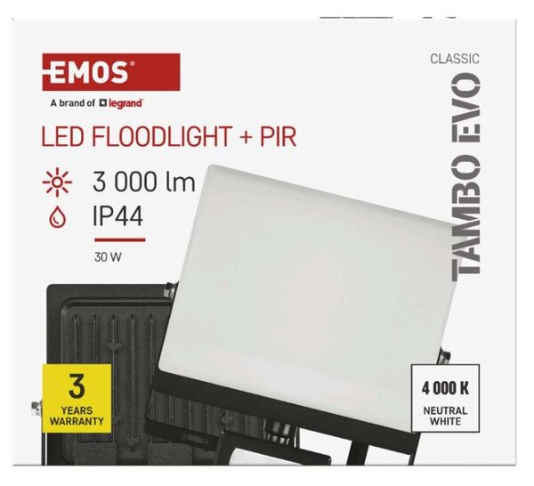 EMOS Lighting LED reflektor TAMBO EVO se senzorem pohybu, 30 W, 3000 lm, IP44, černý