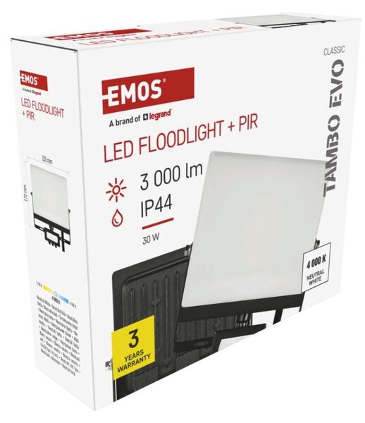 EMOS Lighting LED reflektor TAMBO EVO se senzorem pohybu, 30 W, 3000 lm, IP44, černý