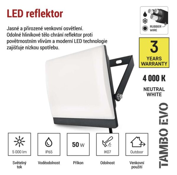 EMOS Lighting LED reflektor TAMBO EVO, 50 W, 5000 lm, IP65, černý
