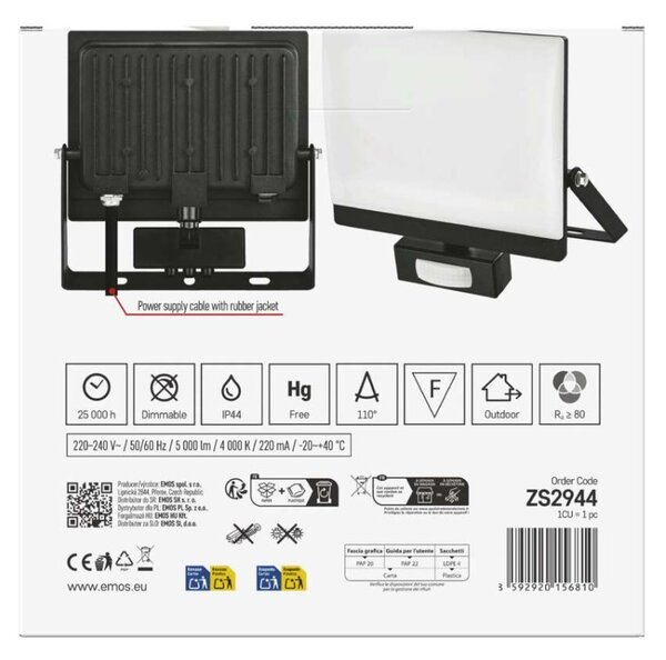 EMOS Lighting LED reflektor TAMBO EVO se senzorem pohybu, 50 W, 5000 lm, IP44, černý