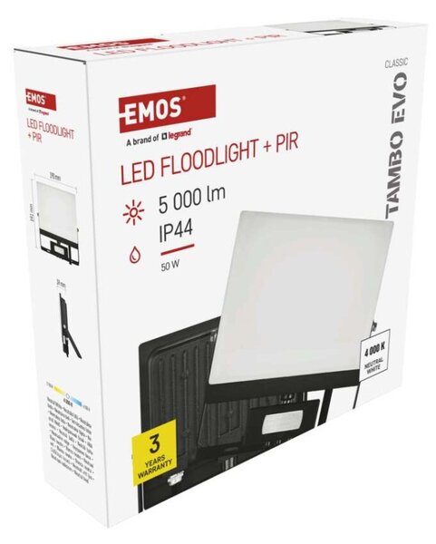 EMOS Lighting LED reflektor TAMBO EVO se senzorem pohybu, 50 W, 5000 lm, IP44, černý