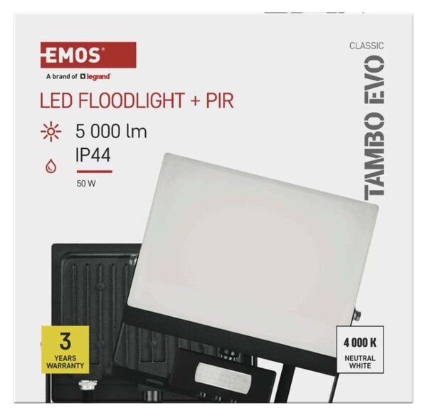 EMOS Lighting LED reflektor TAMBO EVO se senzorem pohybu, 50 W, 5000 lm, IP44, černý