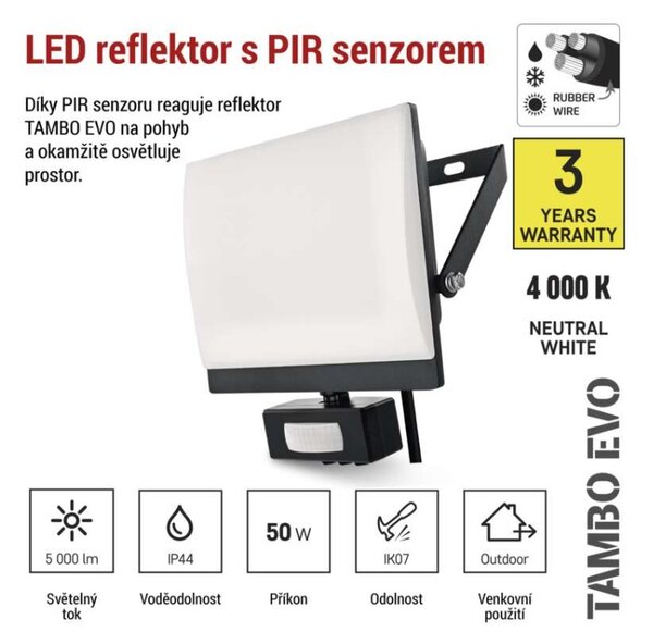 EMOS Lighting LED reflektor TAMBO EVO se senzorem pohybu, 50 W, 5000 lm, IP44, černý