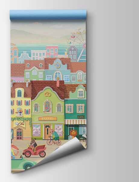 Fototapeta Kreslené městečko s mnoha budovami a ruským kolem, Dětské fototapety, Populární fototapety, u60021 - Tapeko.co.cz