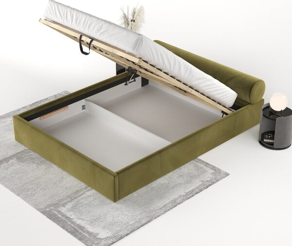 Tmavě zelená čalouněná dvoulůžková postel s úložným prostorem s roštem 180x200 cm Solvo – Maison de Rêve