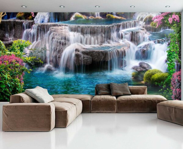 Fototapeta Vodopád s květinami a stromy, Designové fototapety na zeď, Populární fototapety, u60065 - Tapeko.co.cz