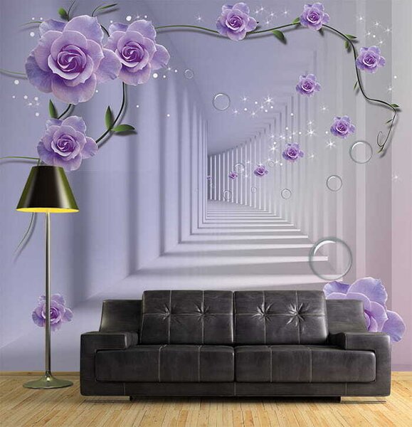 Fototapeta Tapety s fialovými růžemi a schodištěm, 3D fototapety, Populární fototapety, u60194 - Tapeko.co.cz