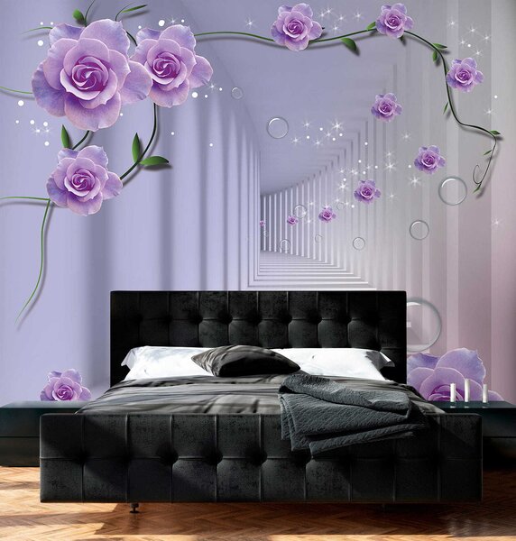 Fototapeta Tapety s fialovými růžemi a schodištěm, 3D fototapety, Populární fototapety, u60194 - Tapeko.co.cz