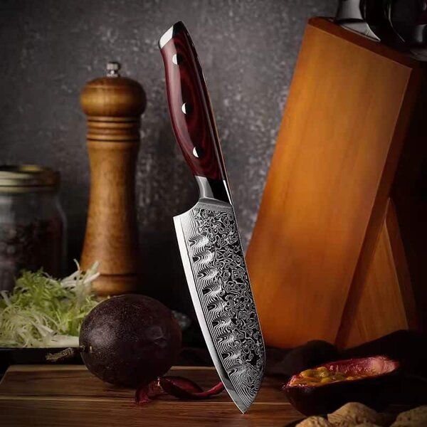 Santoku nůž z damaškové oceli SaKuRo Red Pakka 12,7 cm