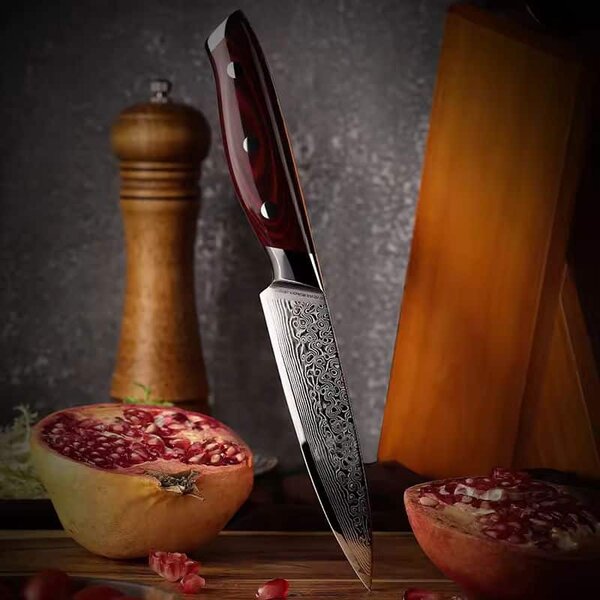 Víceúčelový kuchyňský nůž z damaškové oceli SaKuRo Red Pakka 12,7 cm