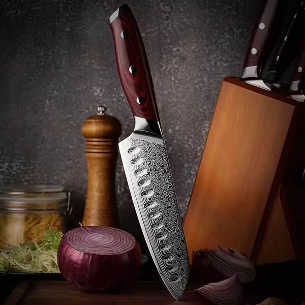 Santoku nůž z damaškové oceli SaKuRo Red Pakka 16,5 cm