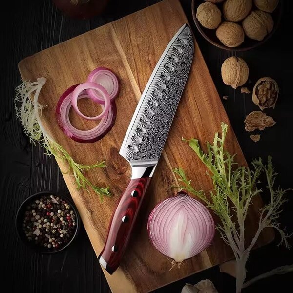 Santoku nůž z damaškové oceli SaKuRo Red Pakka 16,5 cm