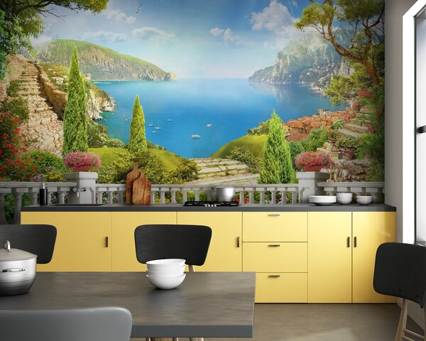 Fototapeta Balkon s výhledem na jezero a stromy, Horské fototapety, Populární fototapety, u60261 - Tapeko.co.cz