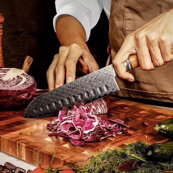 Santoku nůž z damaškové oceli SaKuRo Olive 17,8 cm