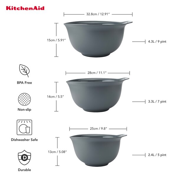 KitchenAid Míchací a zadělávací mísy KitchenAid, set 3 ks, šedé KQG175OSCGG