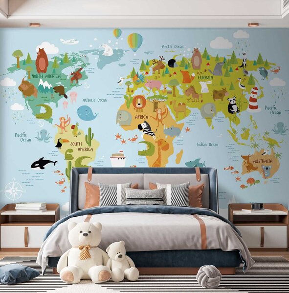 Fototapeta Mapa světa se zvířaty, Dětské fototapety, Populární fototapety, u62047 - Tapeko.co.cz