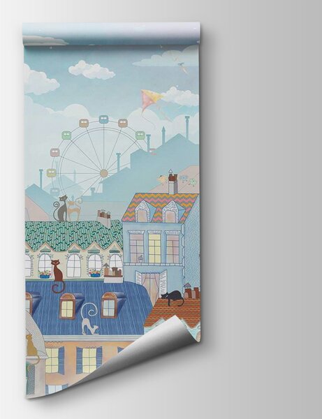 Fototapeta Kreslené město s mnoha budovami a horkovzdušnými balóny, Dětské fototapety, Populární fototapety, u62119 - Tapeko.co.cz