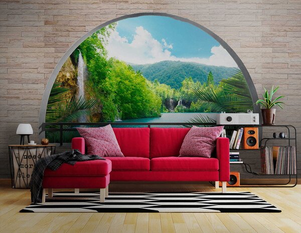 Fototapeta Okno s vodopádem a stromy, Designové fototapety na zeď, Populární fototapety, u62767 - Tapeko.co.cz