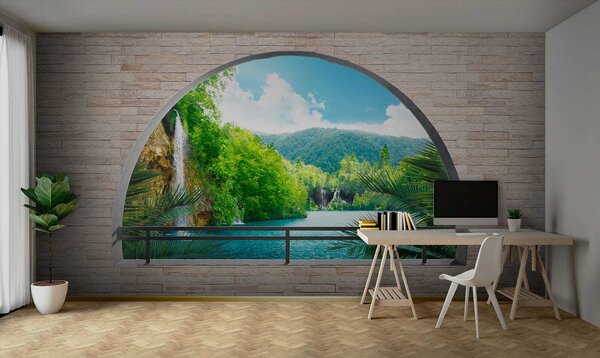 Fototapeta Okno s vodopádem a stromy, Designové fototapety na zeď, Populární fototapety, u62767 - Tapeko.co.cz