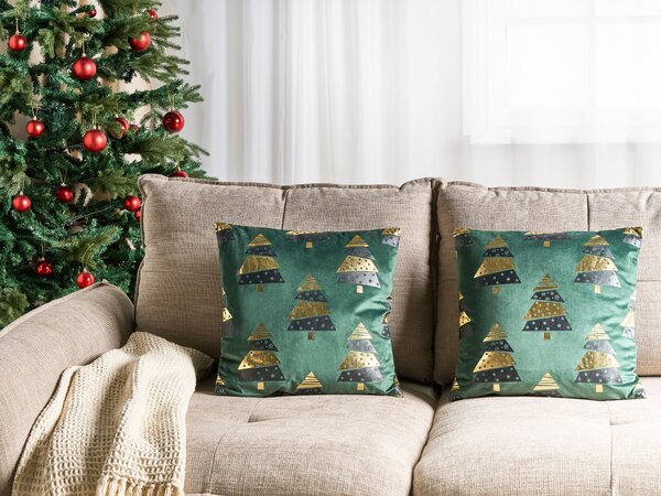 Sada 2 dekorativních polštářů GOLDSPRUCE Umělý samet 45 x 45 cm Zelená Vánoční vzor