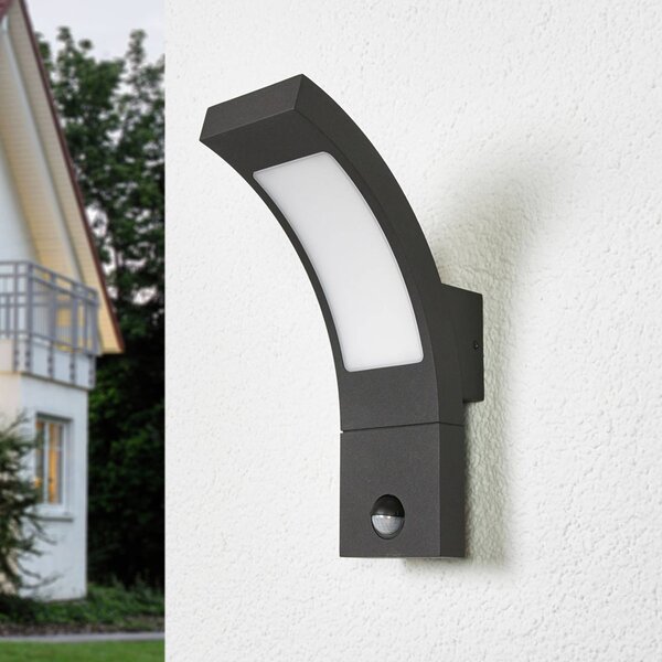 Lucande Venkovní nástěnné svítidlo LED Juvia, senzor, 27 cm, šedá, IP54, Černá, Hliník, Moderní