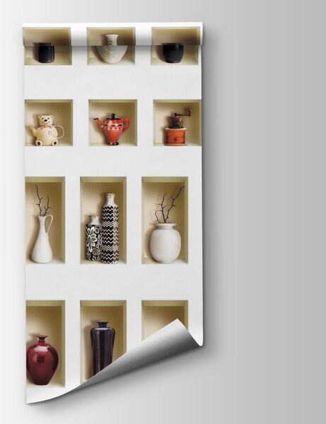 Fototapeta Stěna s policemi plnými váz a květin, Fototapety s expandujícím prostorem, Populární fototapety, u66450 - Tapeko.co.cz