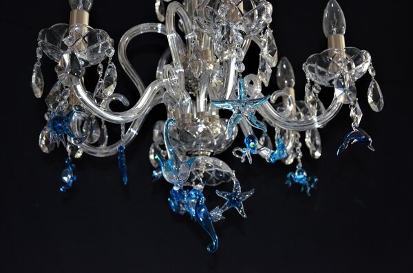 DBK GLASS 6-ti ramenný křišťálový lustr - modrý mořský svět 0220-6-NK-ocean