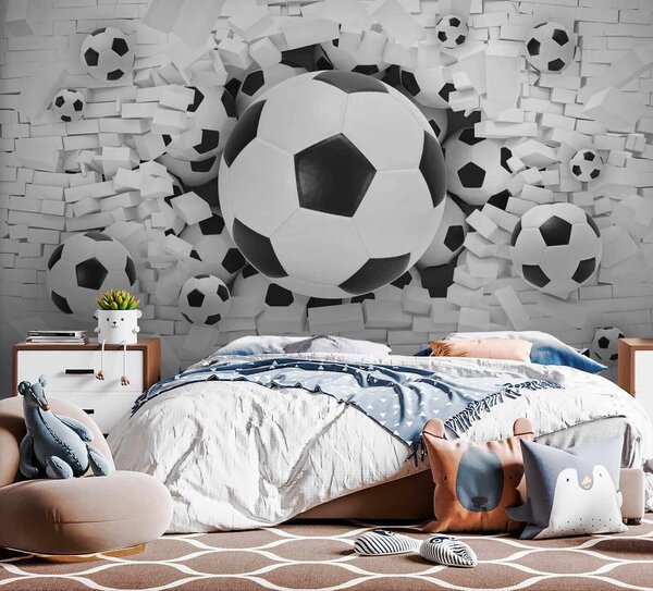 Fototapeta Skupina fotbalových míčů v hromadě cihel, 3D fototapety, Populární fototapety, u70633 - Tapeko.co.cz