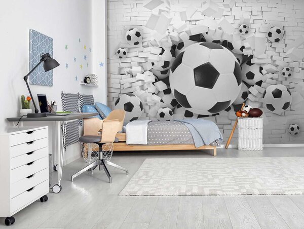 Fototapeta Skupina fotbalových míčů v hromadě cihel, 3D fototapety, Populární fototapety, u70633 - Tapeko.co.cz