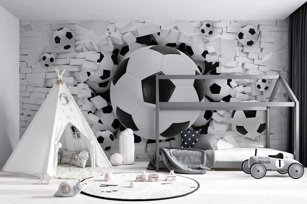 Fototapeta Skupina fotbalových míčů v hromadě cihel, 3D fototapety, Populární fototapety, u70633 - Tapeko.co.cz