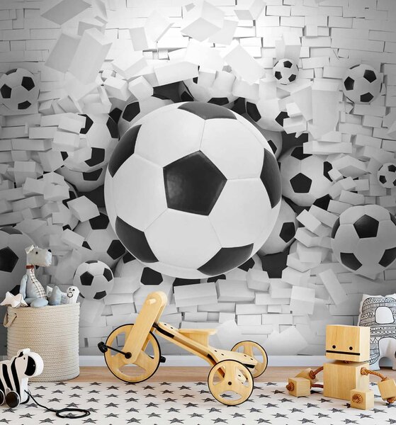 Fototapeta Skupina fotbalových míčů v hromadě cihel, 3D fototapety, Populární fototapety, u70633 - Tapeko.co.cz