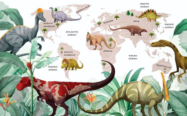 Fototapeta Mapa dinosaurů s rostlinami a názvy, Dětské fototapety, Populární fototapety, u71068v4 - Tapeko.co.cz