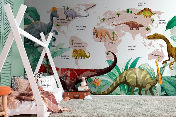 Fototapeta Mapa dinosaurů s rostlinami a názvy, Dětské fototapety, Populární fototapety, u71068v4 - Tapeko.co.cz