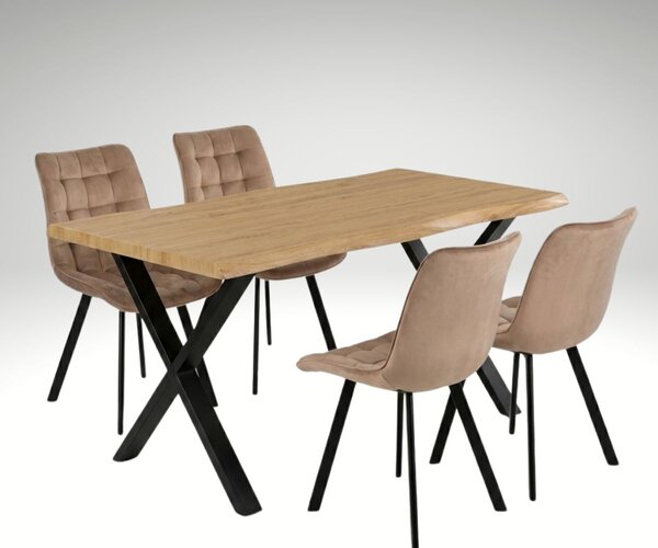 Vikio Jídelní set pro 4 osoby 160x90 cm dub noha X béžová židle VJS236-4BE-S