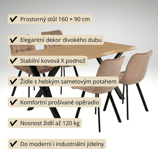 Vikio Jídelní set pro 4 osoby 160x90 cm dub noha X béžová židle VJS236-4BE-S