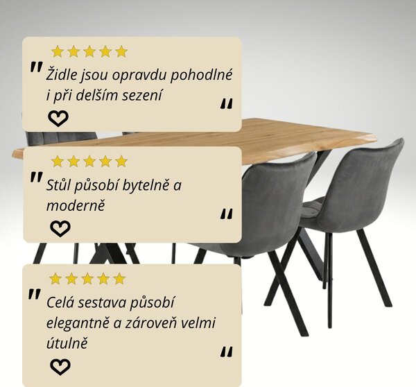 Vikio Jídelní set pro 4 osoby 160x90 cm dub noha X šedá židle VJS236-4S-S