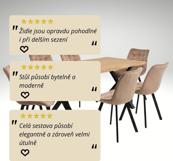 Vikio Jídelní set pro 6 osob 160x90 cm dub noha X béžová židle VJS236-6BE-S